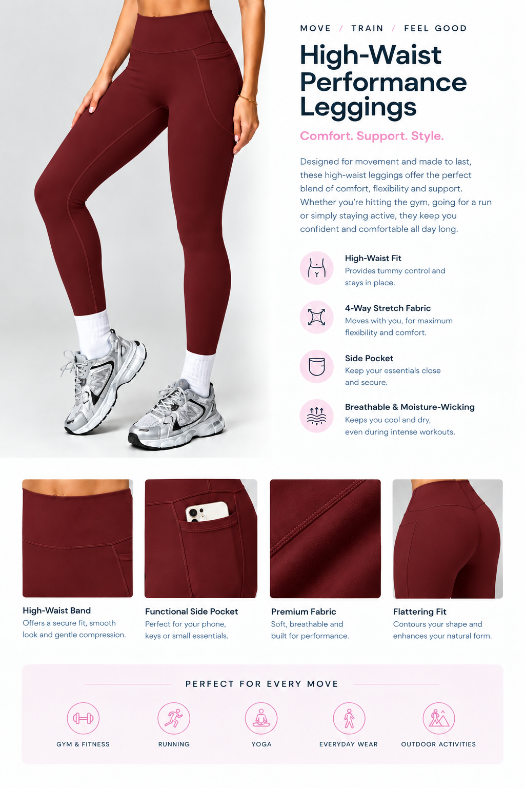 High Waist Strong & Fearless Performance Leggings Dark Burgundy