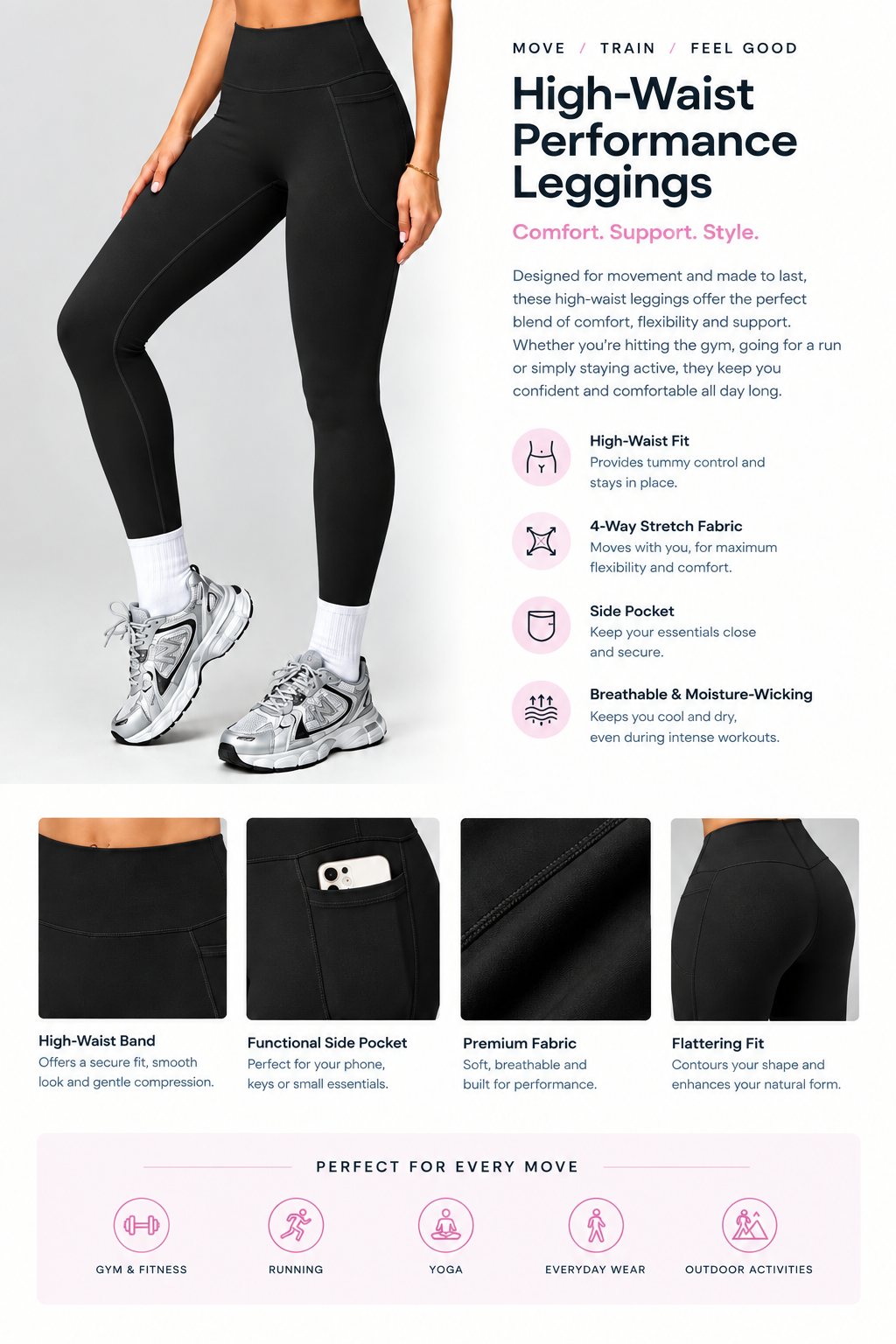 High Waist Strong & Fearless Performance Leggings Black